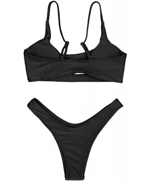 Sets Women's Sexy Scoop Neck Cutout Strappy Cheeky Bottom Bikini Sets 2PCS Swimsuits - Black - C718EAWONAD