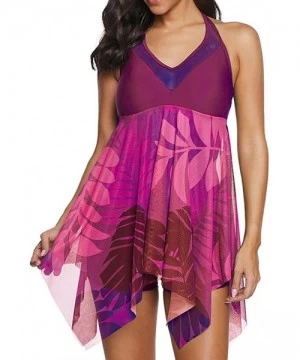 Racing Women Swimsuit Two Piece Tankini Mesh Swimdress Floral Printed with Briefs Bathing Suits - Purple B - C8194XLHLQZ