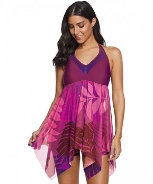 Racing Women Swimsuit Two Piece Tankini Mesh Swimdress Floral Printed with Briefs Bathing Suits - Purple B - C8194XLHLQZ