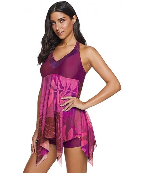 Racing Women Swimsuit Two Piece Tankini Mesh Swimdress Floral Printed with Briefs Bathing Suits - Purple B - C8194XLHLQZ