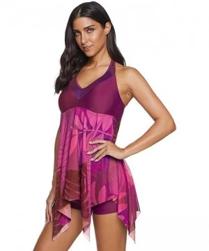 Racing Women Swimsuit Two Piece Tankini Mesh Swimdress Floral Printed with Briefs Bathing Suits - Purple B - C8194XLHLQZ