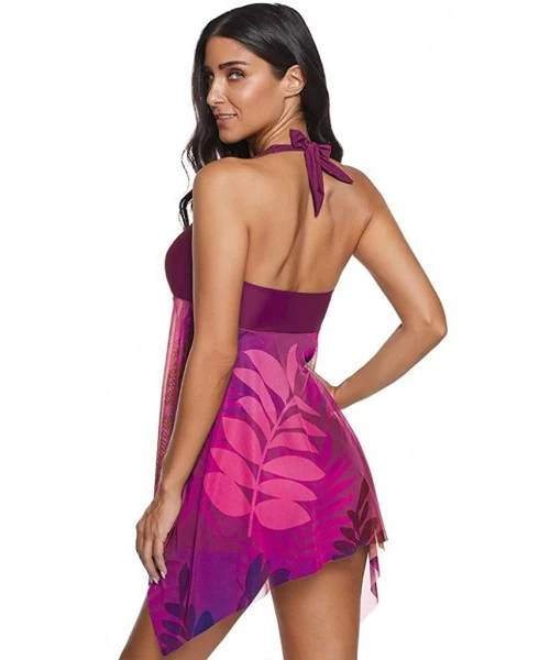 Racing Women Swimsuit Two Piece Tankini Mesh Swimdress Floral Printed with Briefs Bathing Suits - Purple B - C8194XLHLQZ