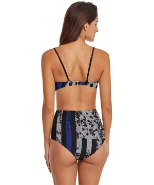 Sets Womens Tropical Palm Tree and Leaf Print 2 Piece Swimsuits High Waisted Bathing Suits Bikini Set - Thin Blue Line Flag P...