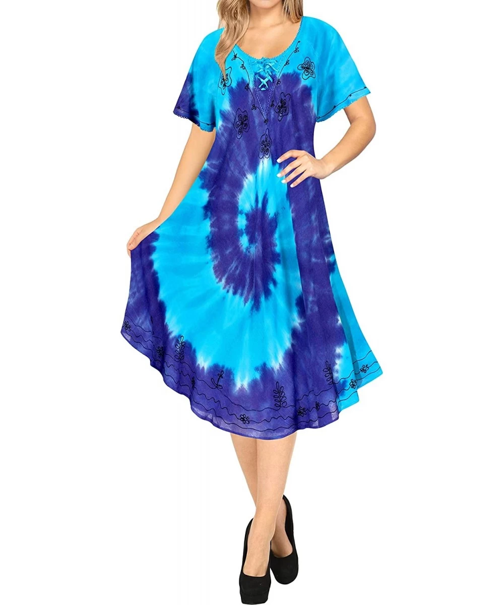 Cover-Ups Women Summer Casual Swing T-Shirt Dresses Beach Cover up Hand Tie Dye A - Blue_i563 - CL12MA59A5V