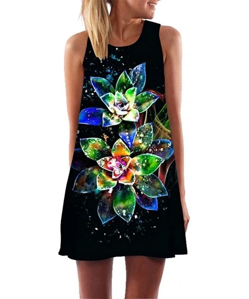 Cover-Ups Vintage Boho Dress Women Summer Casual 3D Floral Printes T Shirt Dress Fashoin Sleeveless Tank Mini Dresses A black...