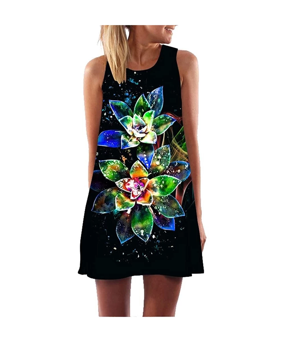 Cover-Ups Vintage Boho Dress Women Summer Casual 3D Floral Printes T Shirt Dress Fashoin Sleeveless Tank Mini Dresses A black...