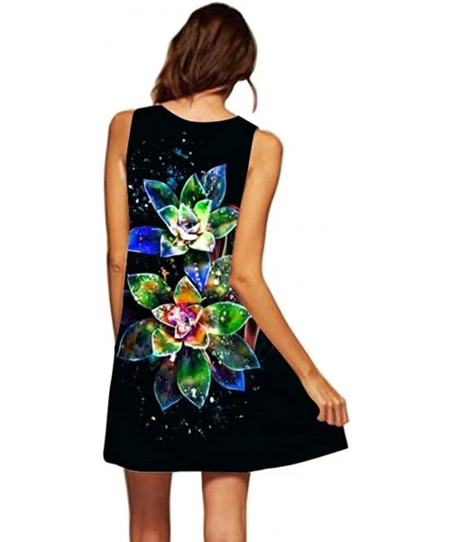 Cover-Ups Vintage Boho Dress Women Summer Casual 3D Floral Printes T Shirt Dress Fashoin Sleeveless Tank Mini Dresses A black...