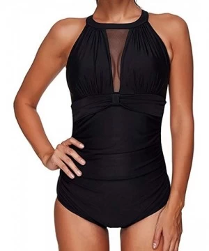 Racing Swimwear for Womens Summer Beach One Piece High Neck V Neckline Mesh Ruched Monokini Beachwear Tankini Bikini Black - ...