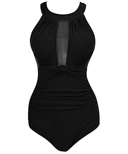 Racing Swimwear for Womens Summer Beach One Piece High Neck V Neckline Mesh Ruched Monokini Beachwear Tankini Bikini Black - ...