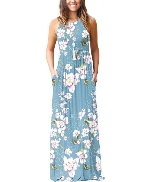 Cover-Ups Women's Sleeveless Racerback Loose Plain Maxi Dresses Casual Long Dresses with Pockets - Flower Light Blue - CZ18NK...