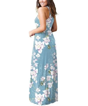 Cover-Ups Women's Sleeveless Racerback Loose Plain Maxi Dresses Casual Long Dresses with Pockets - Flower Light Blue - CZ18NK...