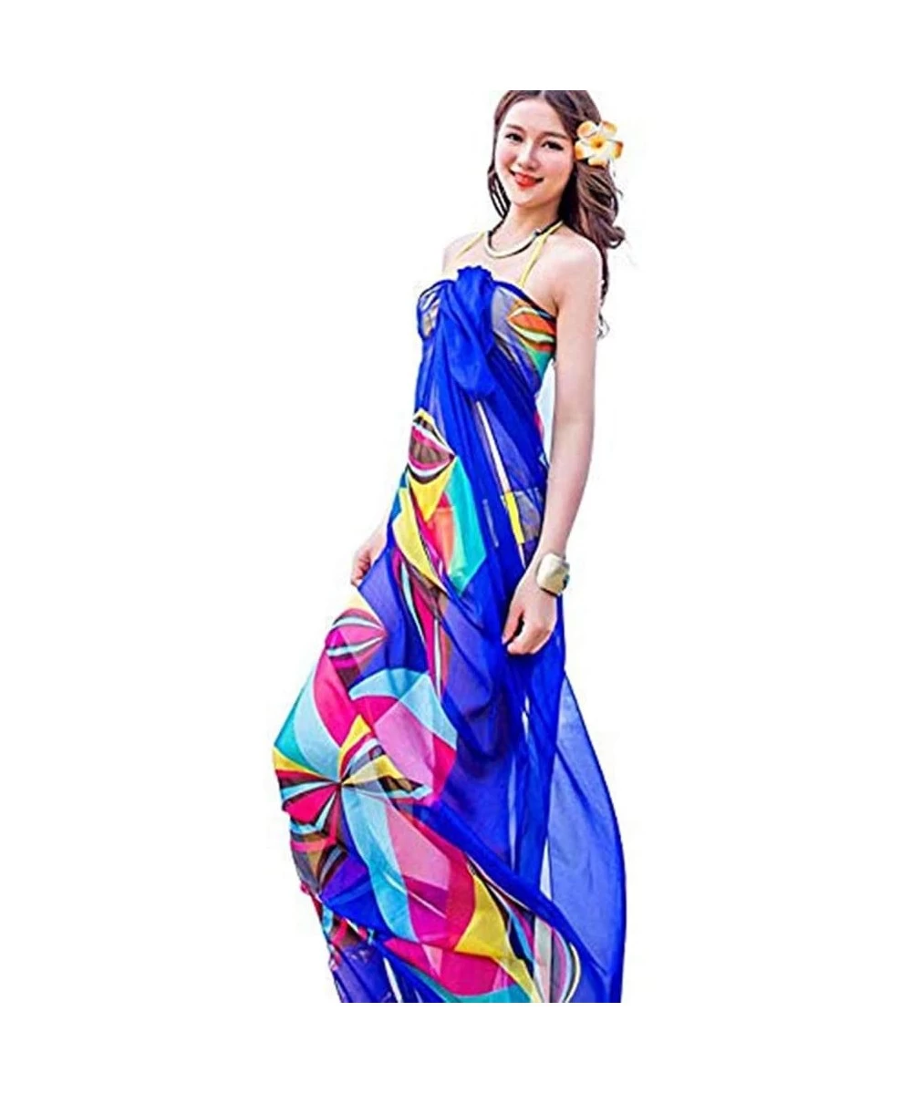 Cover-Ups Sexy Women Chiffon Beach Swimwear Sarong Wrap Dress Bikini Cover Up Scarf (Blue) - Blue - CK17YID5M53