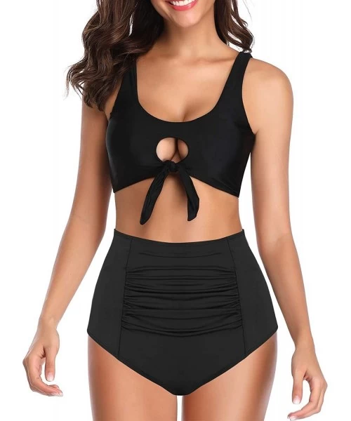 Bottoms Women's High Waisted Bikini Bottom Tummy Control Ruched Tankini Swimsuit Briefs - Black - C118NHUUIRK