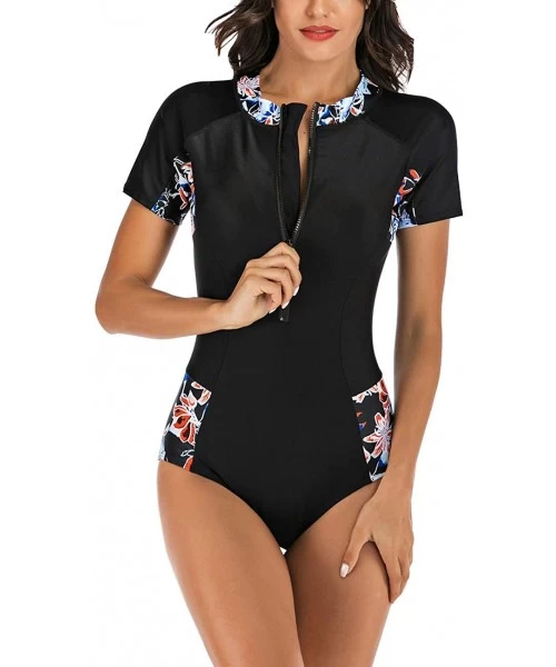 One-Pieces Women Rash Guard Zipper Short Sleeve One Piece Swim Suit Athletic Swimwear - 1 Multicolor - CL1943TU0GR