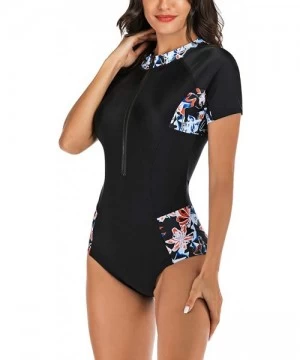 One-Pieces Women Rash Guard Zipper Short Sleeve One Piece Swim Suit Athletic Swimwear - 1 Multicolor - CL1943TU0GR