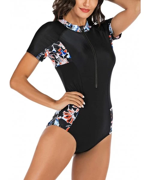 One-Pieces Women Rash Guard Zipper Short Sleeve One Piece Swim Suit Athletic Swimwear - 1 Multicolor - CL1943TU0GR