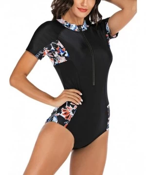 One-Pieces Women Rash Guard Zipper Short Sleeve One Piece Swim Suit Athletic Swimwear - 1 Multicolor - CL1943TU0GR