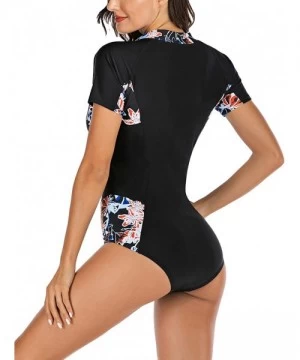 One-Pieces Women Rash Guard Zipper Short Sleeve One Piece Swim Suit Athletic Swimwear - 1 Multicolor - CL1943TU0GR