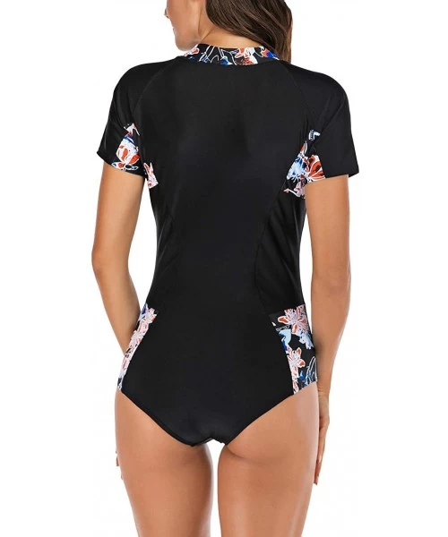 One-Pieces Women Rash Guard Zipper Short Sleeve One Piece Swim Suit Athletic Swimwear - 1 Multicolor - CL1943TU0GR