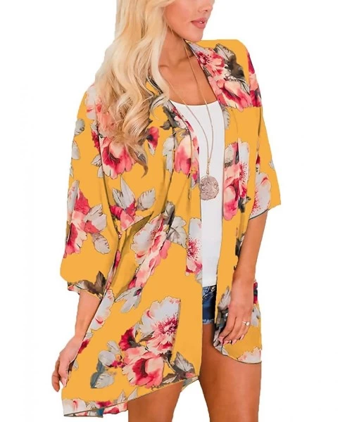 Cover-Ups Women Chiffon Swimsuit Cover Ups Floral Kimono Casual Loose Open Front Cardigan - 13-yellow - CO18TNY5W9C