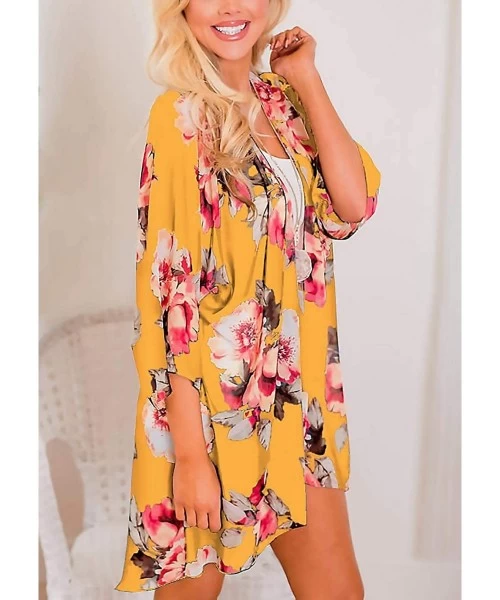 Cover-Ups Women Chiffon Swimsuit Cover Ups Floral Kimono Casual Loose Open Front Cardigan - 13-yellow - CO18TNY5W9C