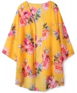 Cover-Ups Women Chiffon Swimsuit Cover Ups Floral Kimono Casual Loose Open Front Cardigan - 13-yellow - CO18TNY5W9C