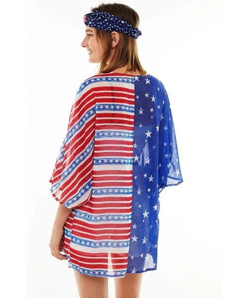 Cover-Ups Women's American Flag Kimono Bikini Cover Up Cardigans with USA Headband Bandana - CV198K0C86A