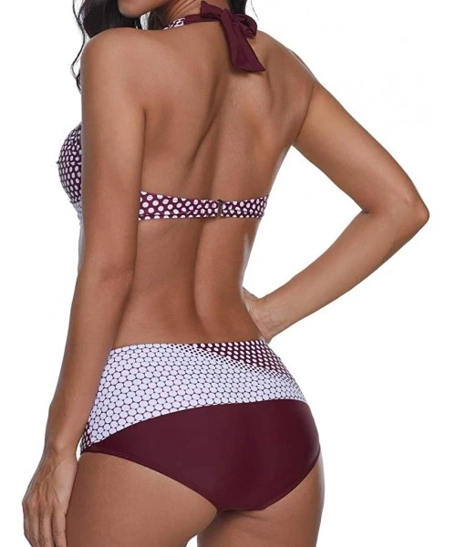 Sets Women's Halter Front Cross High Waisted Backless Sexy Swimsuit Two-Piece Bathing Suit - Wine - CX196QS2AL0