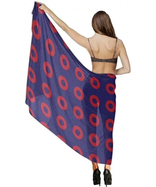 Cover-Ups Women Fashion Shawl Wrap Summer Vacation Beach Towels Swimsuit Cover Up - Phish Red Donut Circles on Blue - CT196TX...