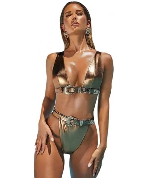 Sets Women Shiny Bikini Bathing Suit Sexy Push Up High Waist Thong Swimwear with Adjustable Belt - Gold-two Piece - C01945KN8NY