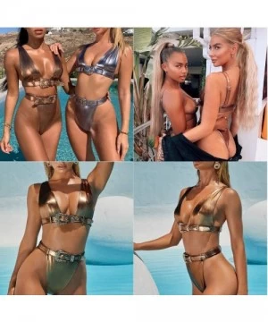 Sets Women Shiny Bikini Bathing Suit Sexy Push Up High Waist Thong Swimwear with Adjustable Belt - Gold-two Piece - C01945KN8NY