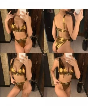 Sets Women Shiny Bikini Bathing Suit Sexy Push Up High Waist Thong Swimwear with Adjustable Belt - Gold-two Piece - C01945KN8NY