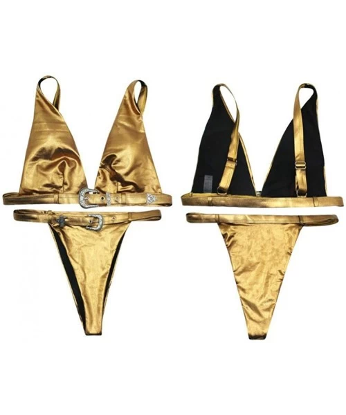 Sets Women Shiny Bikini Bathing Suit Sexy Push Up High Waist Thong Swimwear with Adjustable Belt - Gold-two Piece - C01945KN8NY