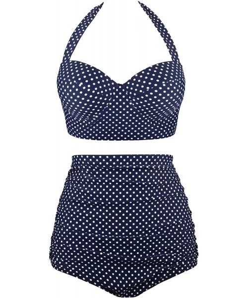 Racing Women Vintage Two Piece Swimsuits High Waisted Bathing Suits with Underwired Top Old Size halter Navy Polka Dot 2 - CA...