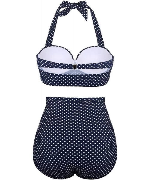 Racing Women Vintage Two Piece Swimsuits High Waisted Bathing Suits with Underwired Top Old Size halter Navy Polka Dot 2 - CA...