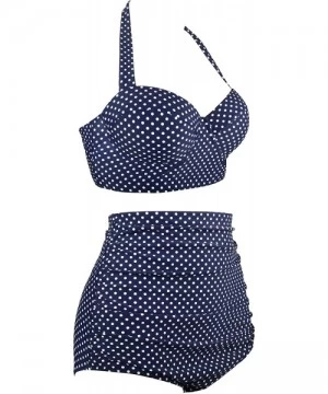 Racing Women Vintage Two Piece Swimsuits High Waisted Bathing Suits with Underwired Top Old Size halter Navy Polka Dot 2 - CA...