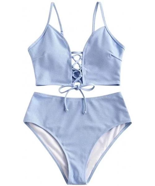 Sets Women's Solid Color V-Wired Mid Waisted Bikini Set Lace Up Two Piece Strappy Swimsuit - Blue - CQ199HRZCS4