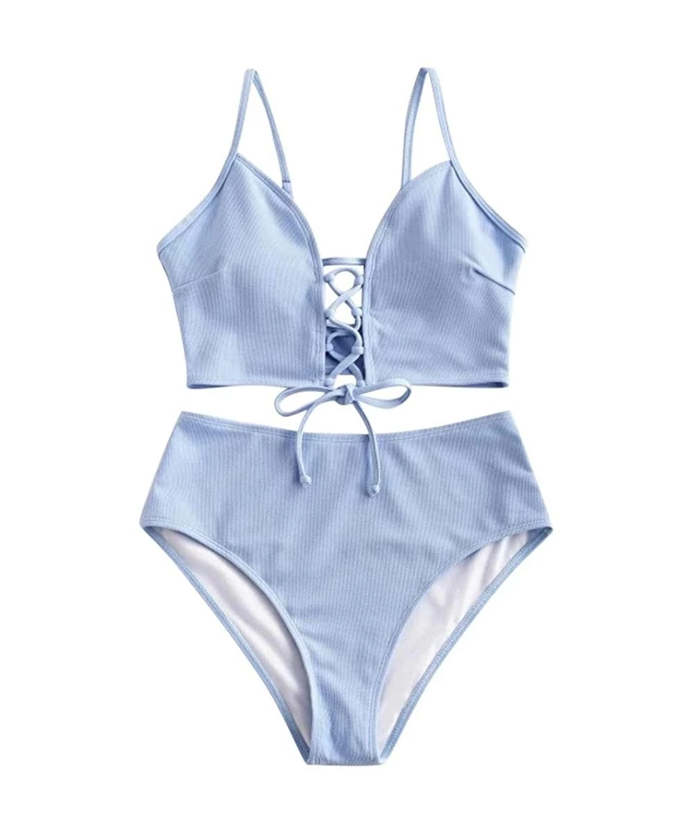 Sets Women's Solid Color V-Wired Mid Waisted Bikini Set Lace Up Two Piece Strappy Swimsuit - Blue - CQ199HRZCS4