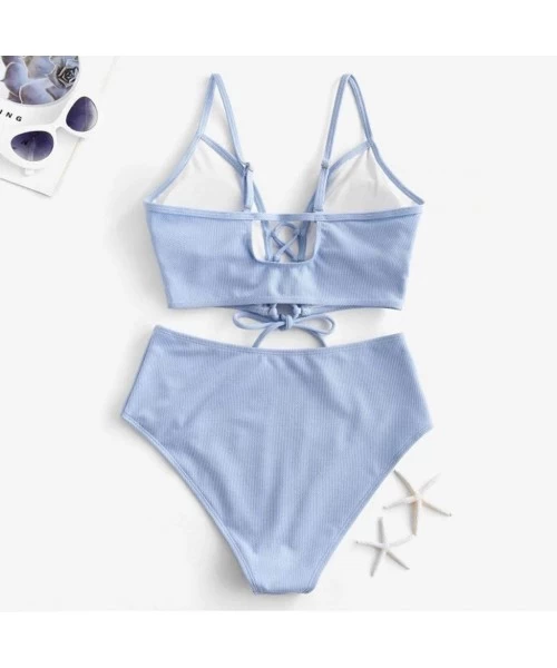 Sets Women's Solid Color V-Wired Mid Waisted Bikini Set Lace Up Two Piece Strappy Swimsuit - Blue - CQ199HRZCS4