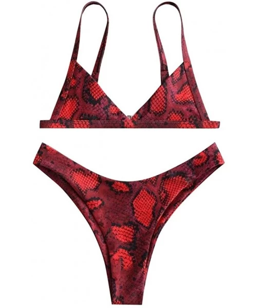 Sets Women's Criss-Cross Tie Dye String Bikini Set Ribbed Floral Leaf Print Spaghetti Straps Bathing Suit - C - Red - CH19849...