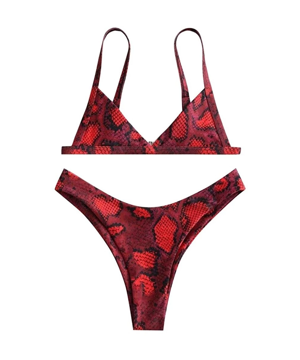 Sets Women's Criss-Cross Tie Dye String Bikini Set Ribbed Floral Leaf Print Spaghetti Straps Bathing Suit - C - Red - CH19849...