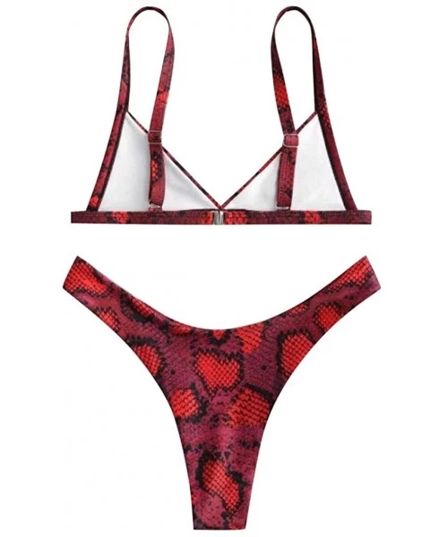 Sets Women's Criss-Cross Tie Dye String Bikini Set Ribbed Floral Leaf Print Spaghetti Straps Bathing Suit - C - Red - CH19849...