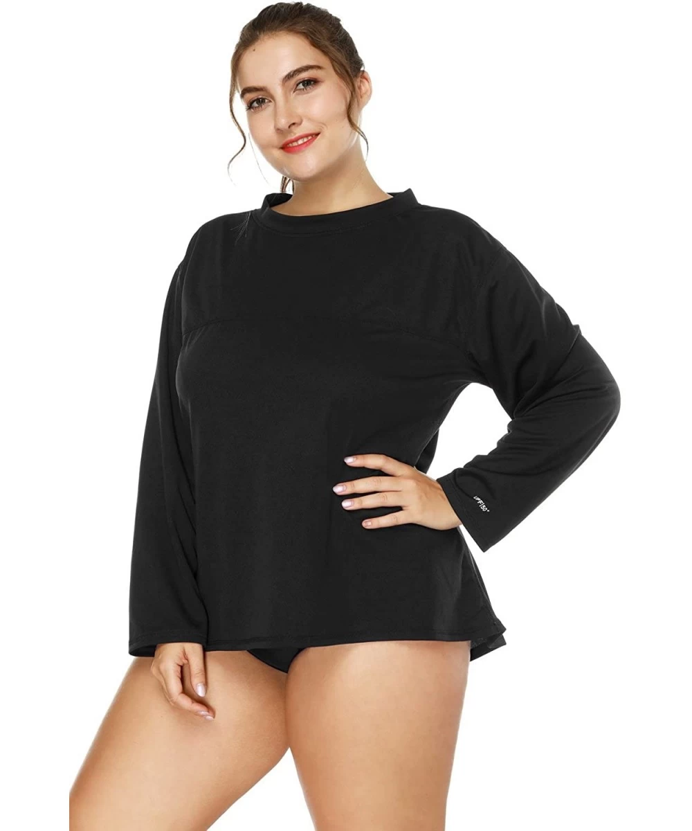 Rash Guards Women's Plus Size Long Sleeve Rash Guard Top Zip Front UPF 50 Swim Shirt - Solid Black - CG187QAKH7E