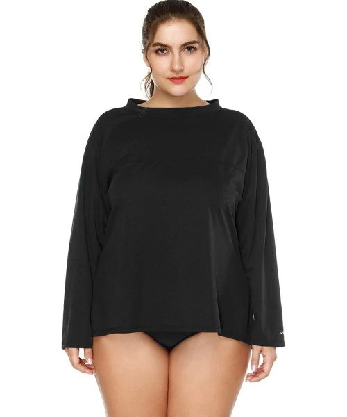 Rash Guards Women's Plus Size Long Sleeve Rash Guard Top Zip Front UPF 50 Swim Shirt - Solid Black - CG187QAKH7E