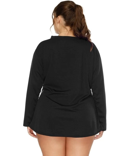 Rash Guards Women's Plus Size Long Sleeve Rash Guard Top Zip Front UPF 50 Swim Shirt - Solid Black - CG187QAKH7E