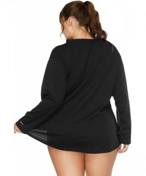 Rash Guards Women's Plus Size Long Sleeve Rash Guard Top Zip Front UPF 50 Swim Shirt - Solid Black - CG187QAKH7E