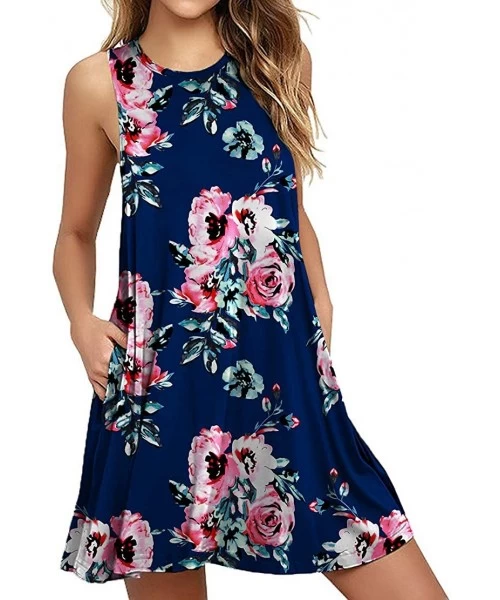 Cover-Ups Women's Summer Casual Swing T-Shirt Dresses Beach Cover up with Pockets - Floral Print Navy - CP18QC98AU0