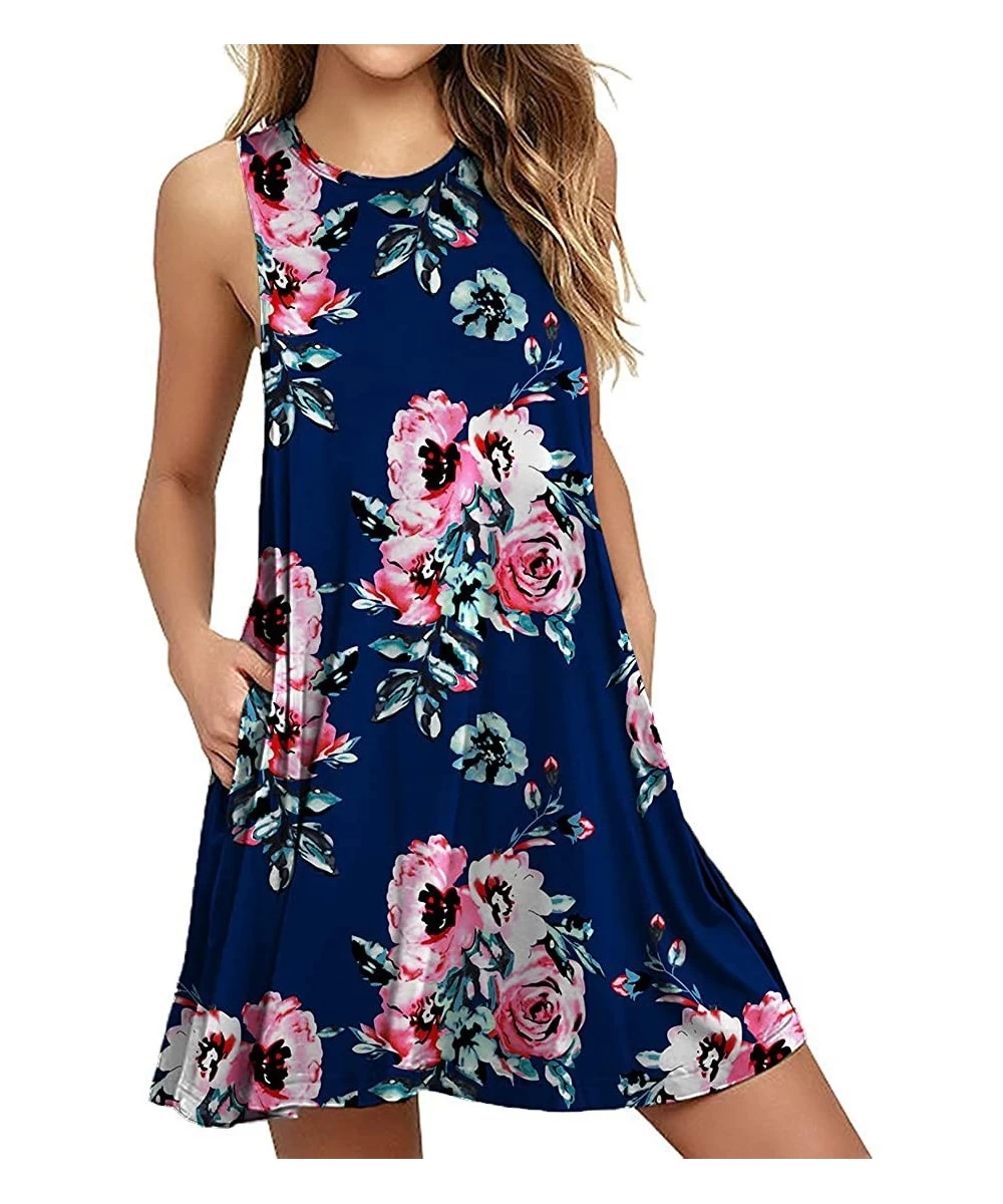 Cover-Ups Women's Summer Casual Swing T-Shirt Dresses Beach Cover up with Pockets - Floral Print Navy - CP18QC98AU0