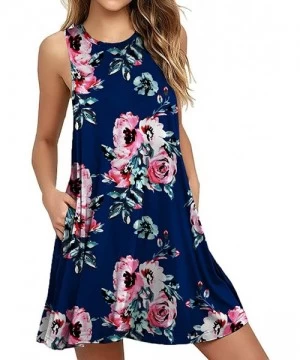 Cover-Ups Women's Summer Casual Swing T-Shirt Dresses Beach Cover up with Pockets - Floral Print Navy - CP18QC98AU0