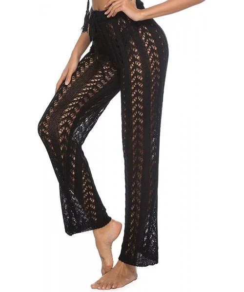 Cover-Ups Womens Crochet Net Hollow Out Beach Pants Sexy Swimsuit Cover Up Pants - Black 3 - C918Q2EQA7M